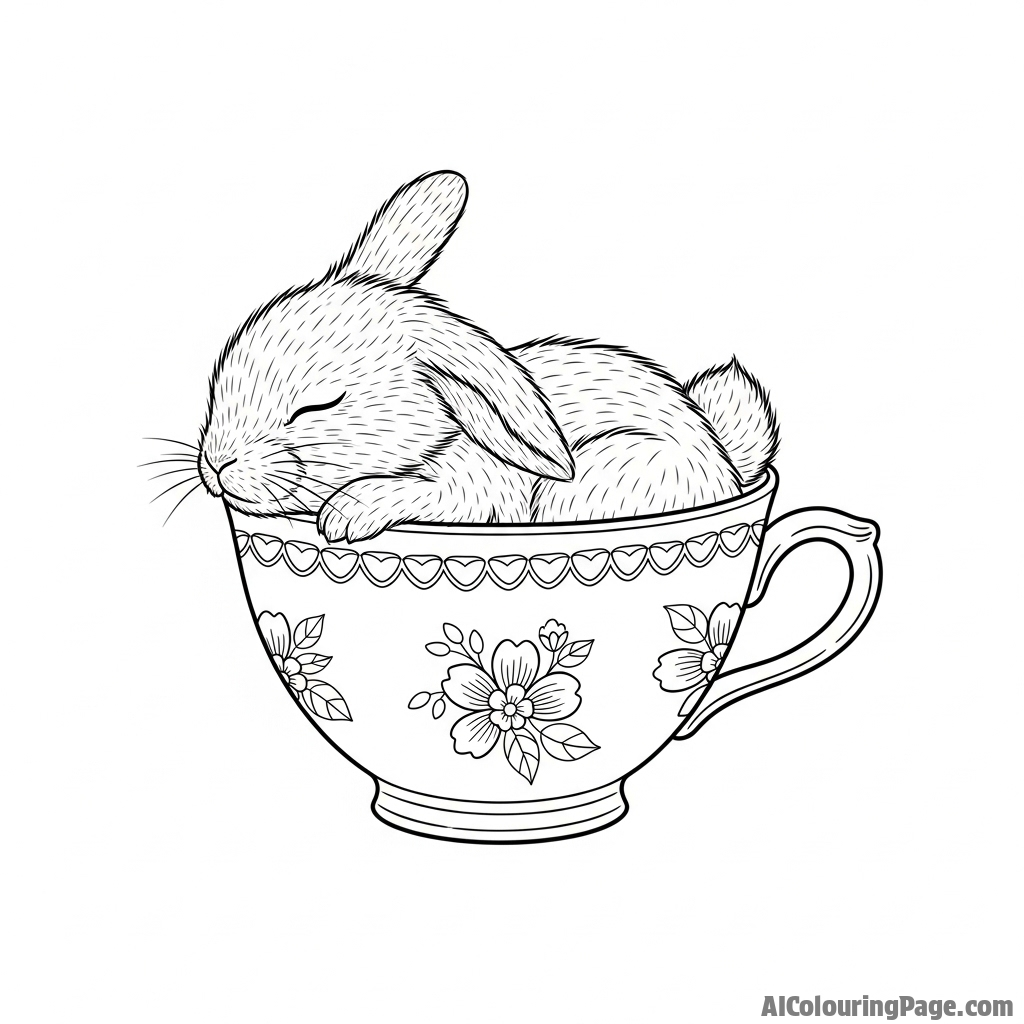 A tiny bunny sleeping soundly inside a porcelain teacup.