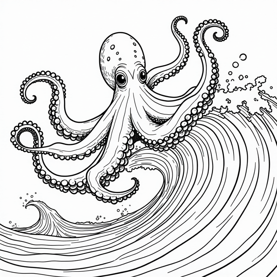 Octopus monster riding a giant wave