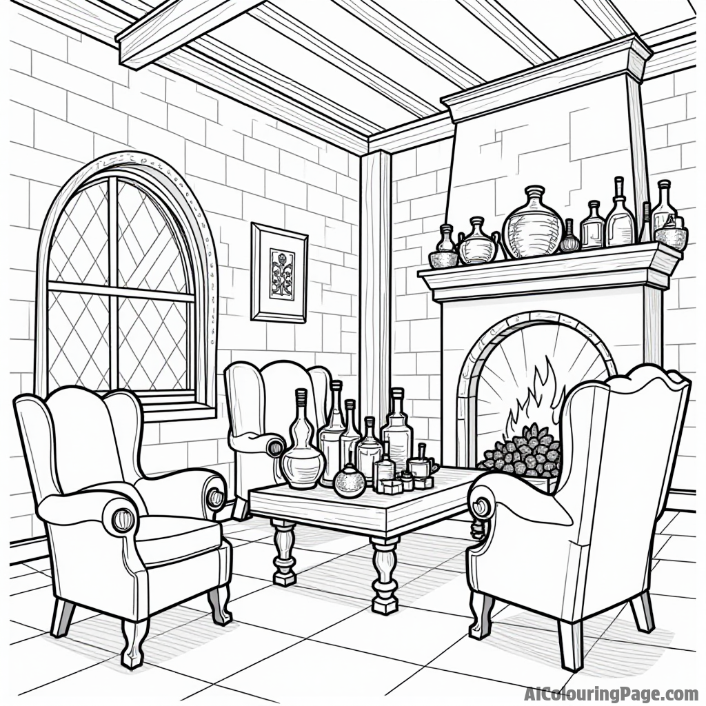 A cozy common room with a fireplace, armchairs, and a table filled with potions and spell ingredients.