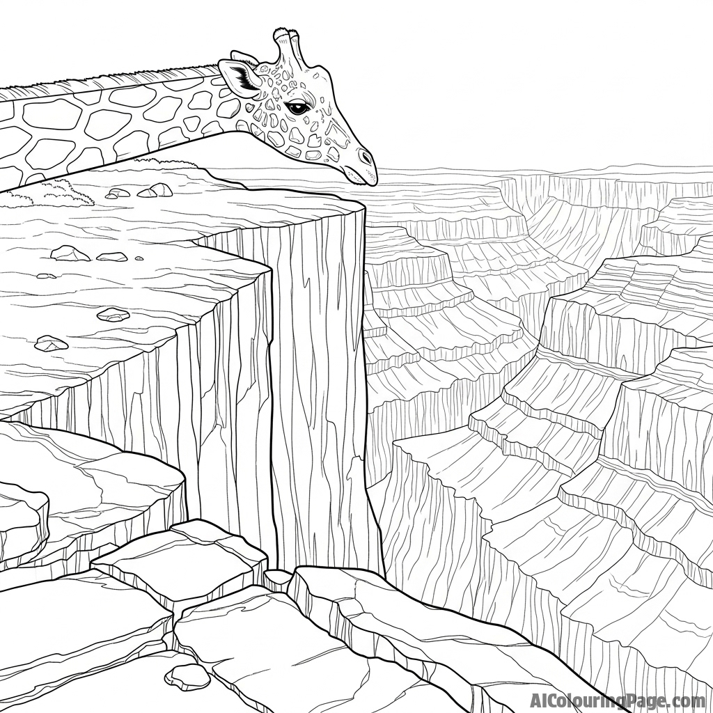 A giraffe looking out from a high cliff edge over a vast, deep canyon.