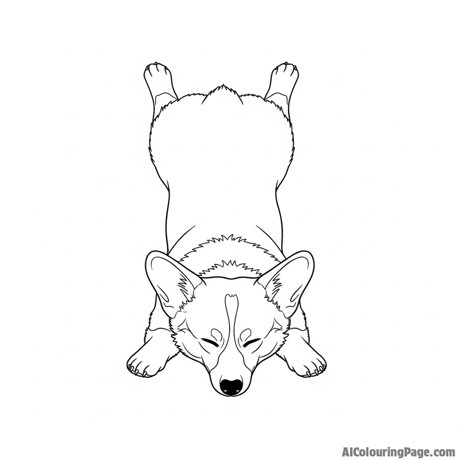 A minimalist line art drawing of a corgi performing a sploot.
