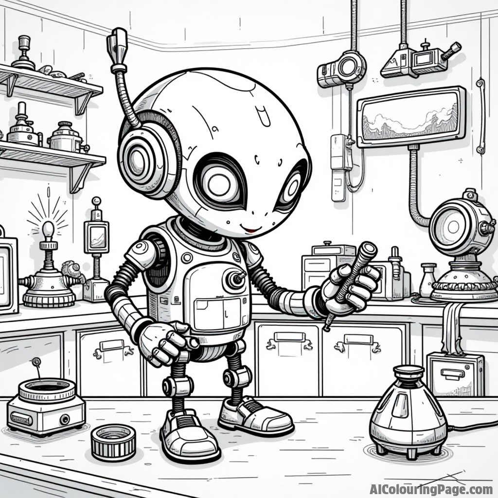 A quirky alien robot inventing gadgets in a laboratory filled with strange tools and glowing devices, science fiction theme.