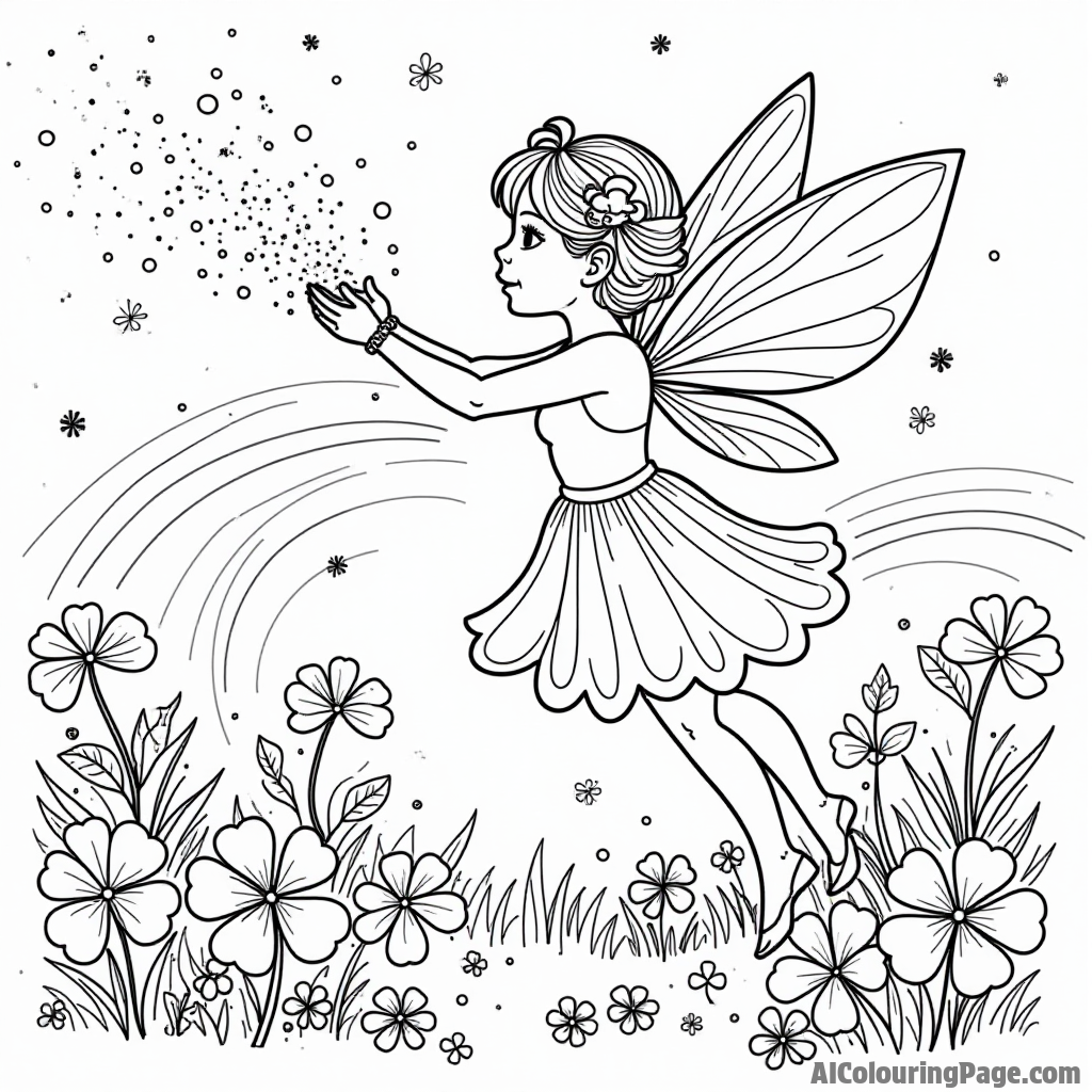 A magical fairy sprinkling glitter over a garden filled with shamrocks and rainbows, creating a whimsical atmosphere.