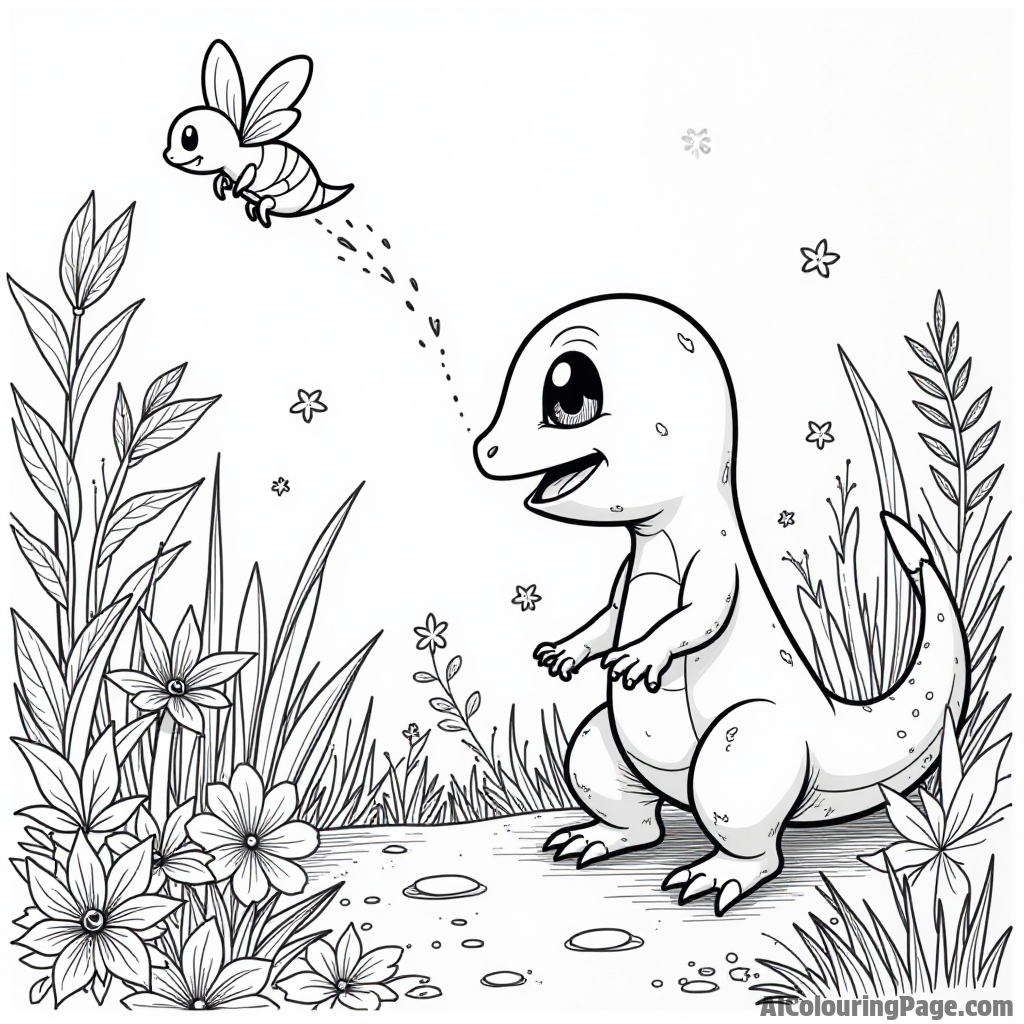 A curious Charmander exploring a colorful garden filled with various plants and friendly bug Pokémon buzzing around.