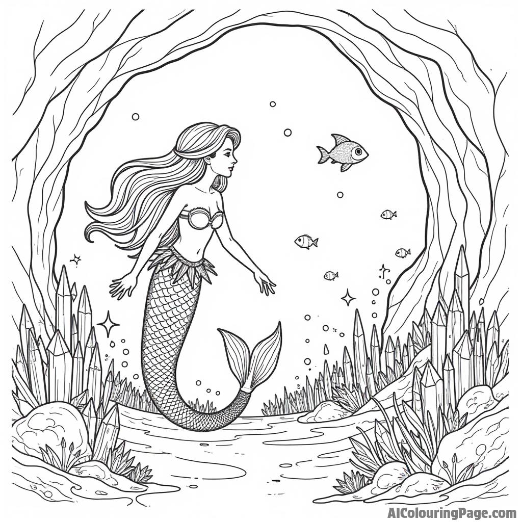 A mermaid exploring underwater caves filled with sparkling crystals and hidden treasures, with fish lighting the way.