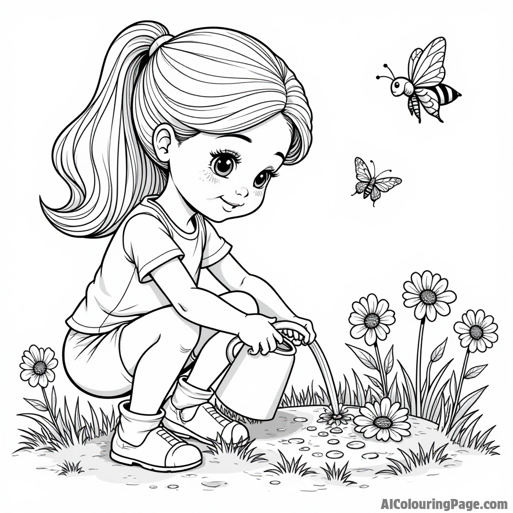 A doll playing in a flower garden, planting seeds, watering plants, with butterflies and bees buzzing happily around her.