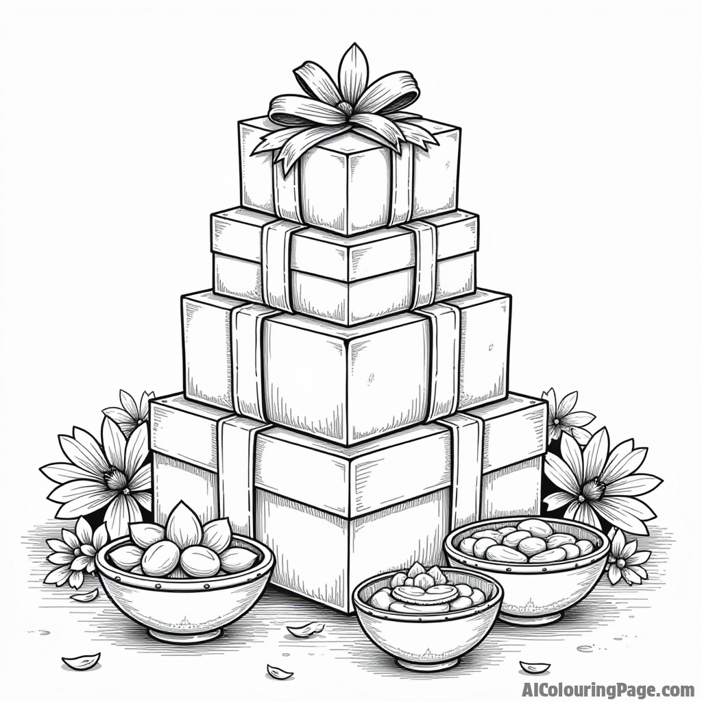 A stack of beautifully wrapped gifts and sweets, surrounded by colorful ribbons and flowers, symbolizing the joy of giving during Diwali season for Festivals and Traditions Coloring Sheets.