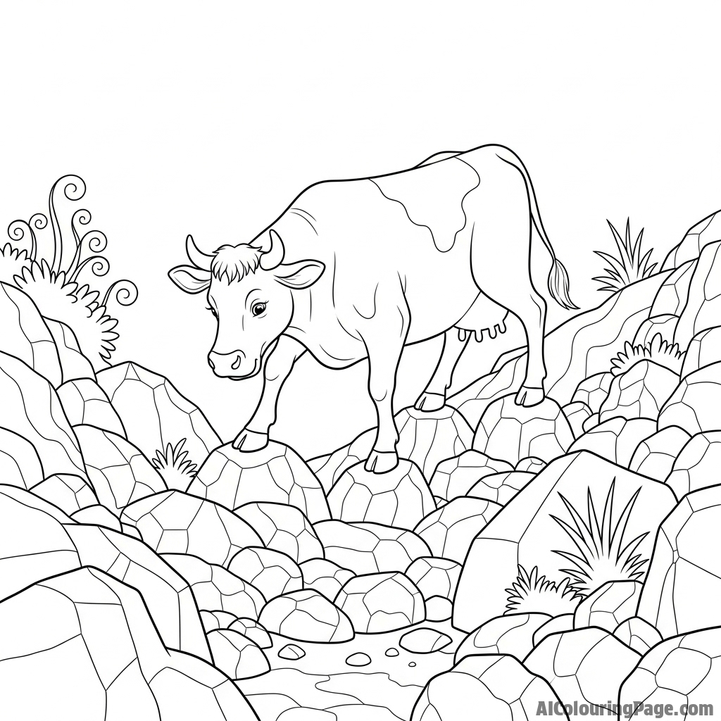 An adventurous cow carefully navigating a rugged, rocky hillside.