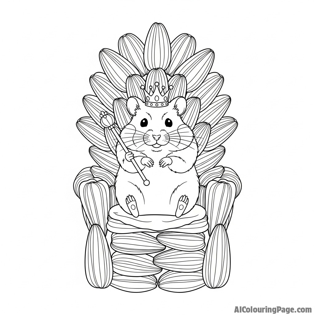 A hamster sitting regally on a throne made of stacked sunflower seeds
