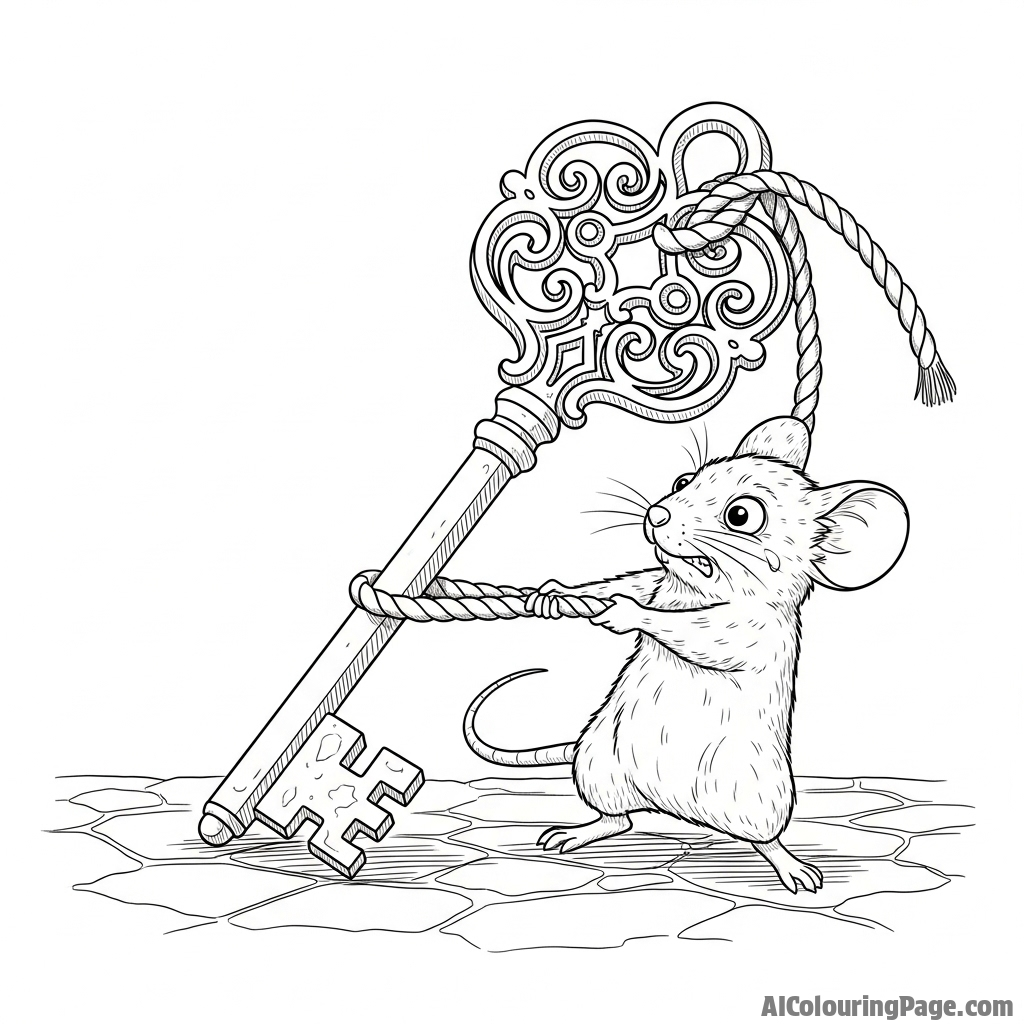 A mouse struggling to pull a heavy, ornate key across a stone floor.