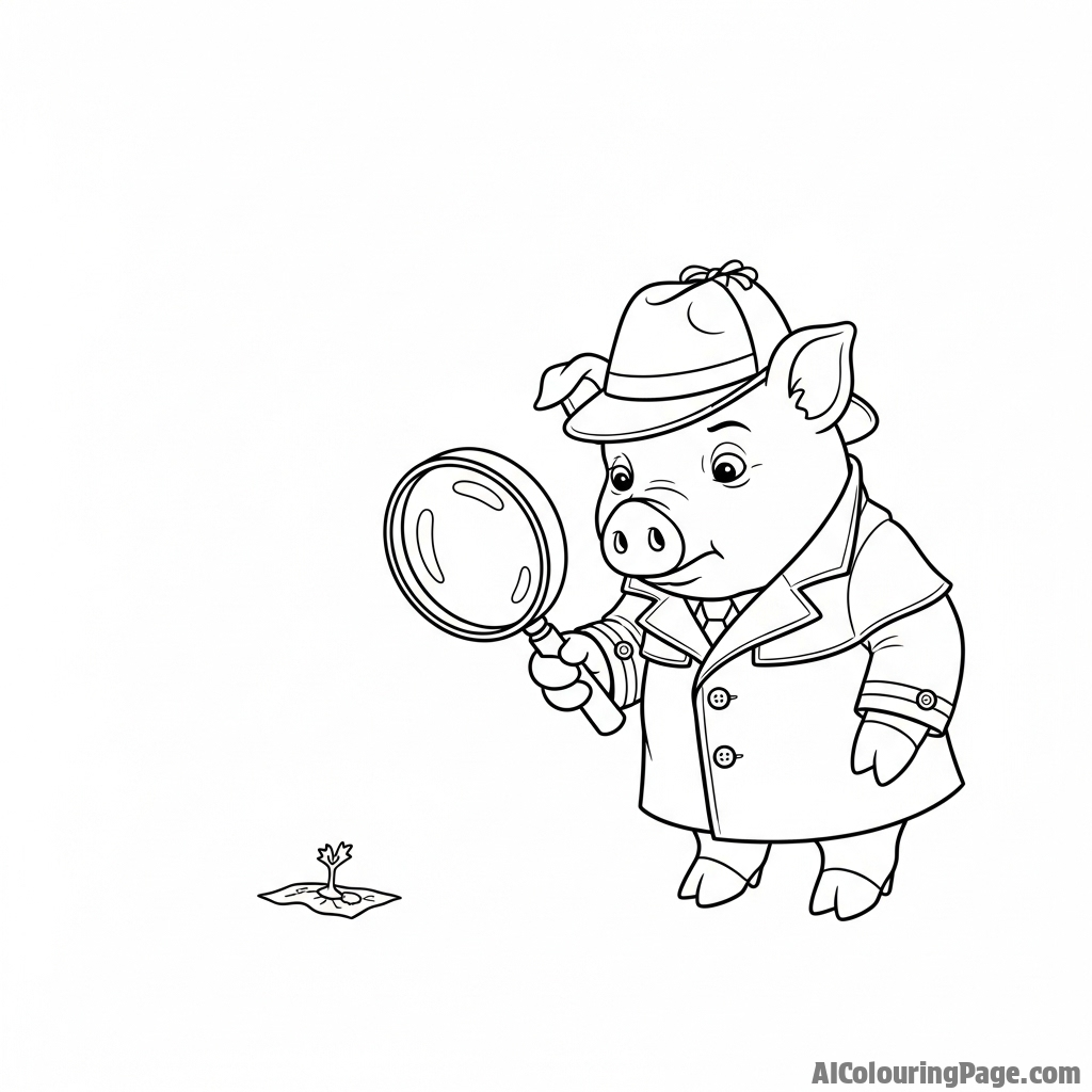 A pig detective in a trench coat and fedora, examining a clue with a magnifying glass.