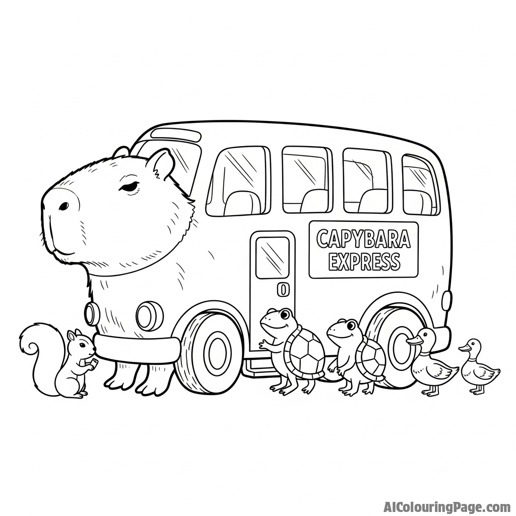 A capybara as a bus, with smaller animals waiting to board on its back.