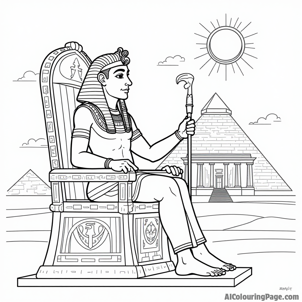 A pharaoh sitting on a throne adorned with hieroglyphs, holding a staff, with a backdrop of a grand temple and a bright sun, inviting children to explore ancient Egyptian culture.