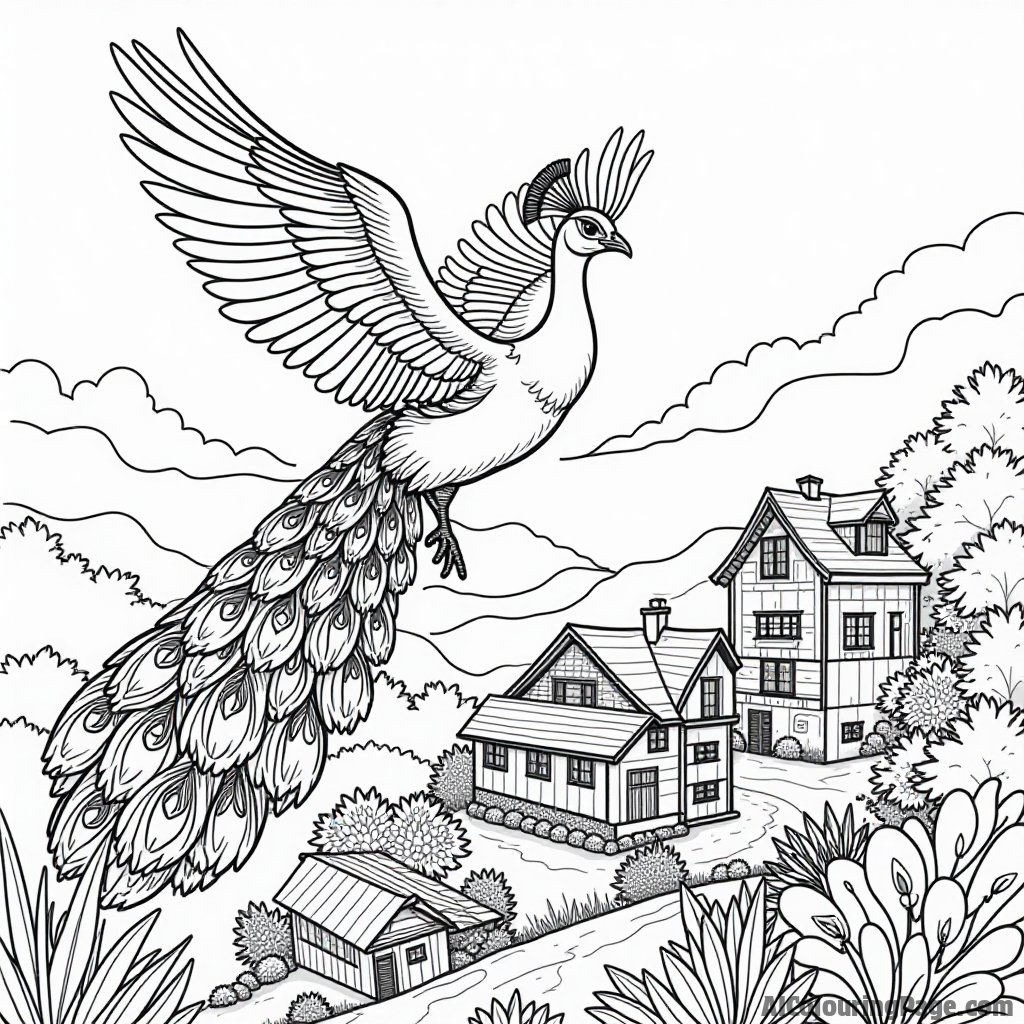 A peacock flying over a vibrant village, with houses and gardens below, showcasing the beauty of nature