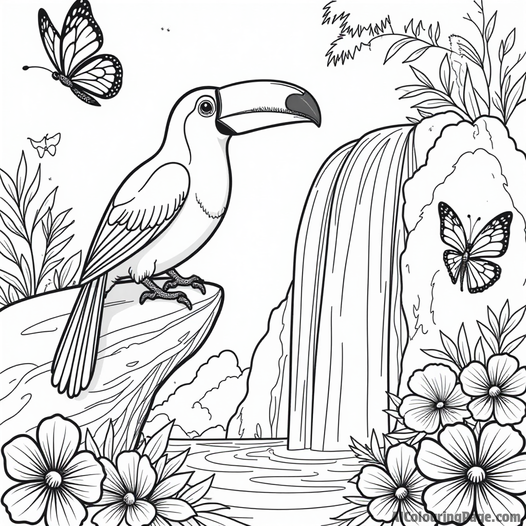 A toucan sitting on the edge of a waterfall with butterflies fluttering around and colorful flowers below for kids.