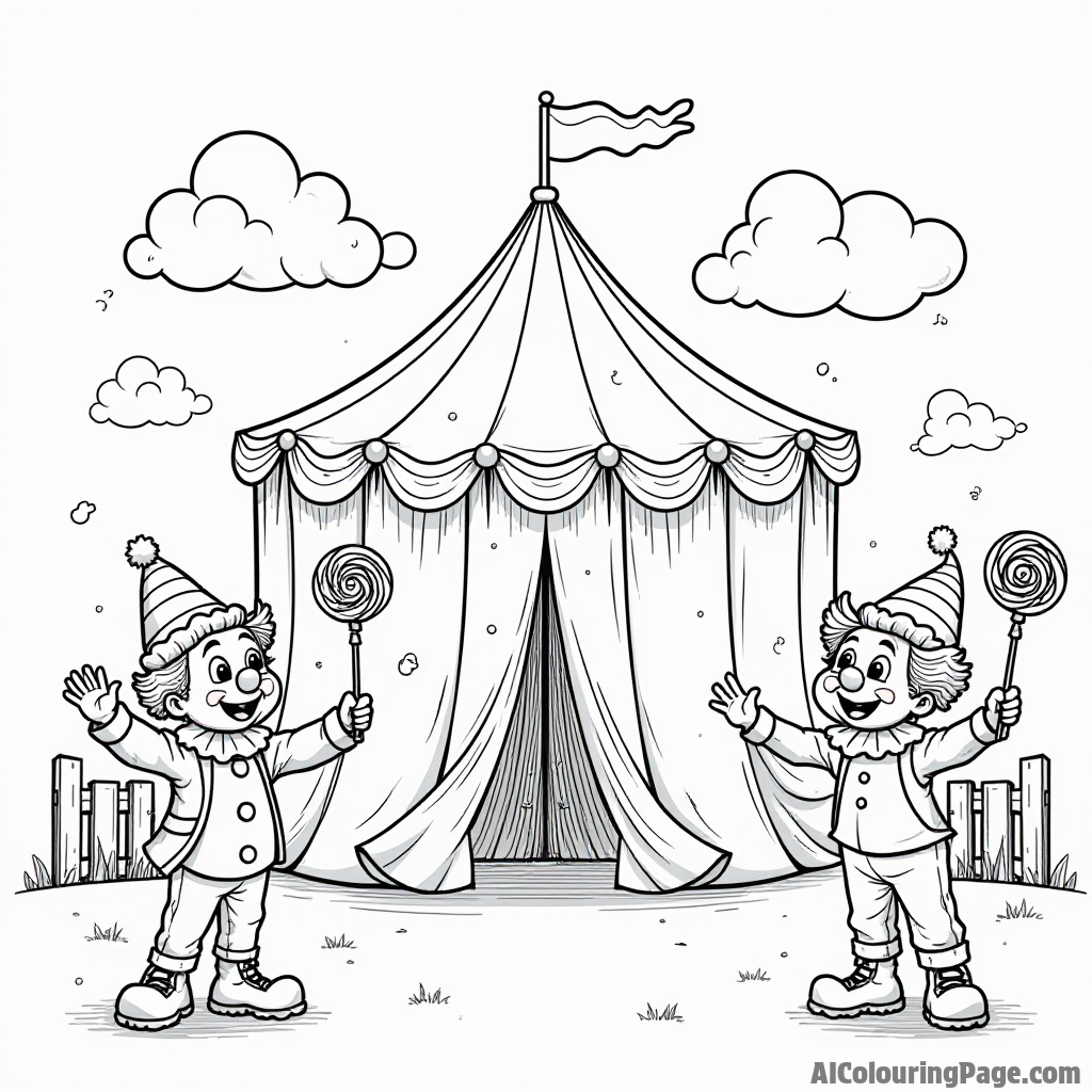 A playful circus scene with clowns juggling lollipops, acrobats performing tricks, and a colorful tent filled with excitement