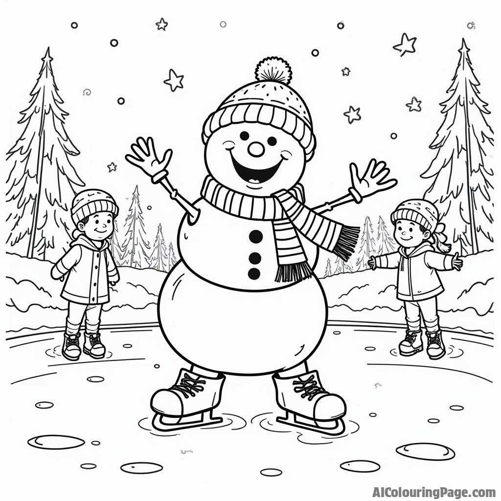 A snowman wearing a colorful scarf and ice skates, attempting to skate on a frozen pond, surrounded by children cheering, creating a festive winter sports scene for kids.