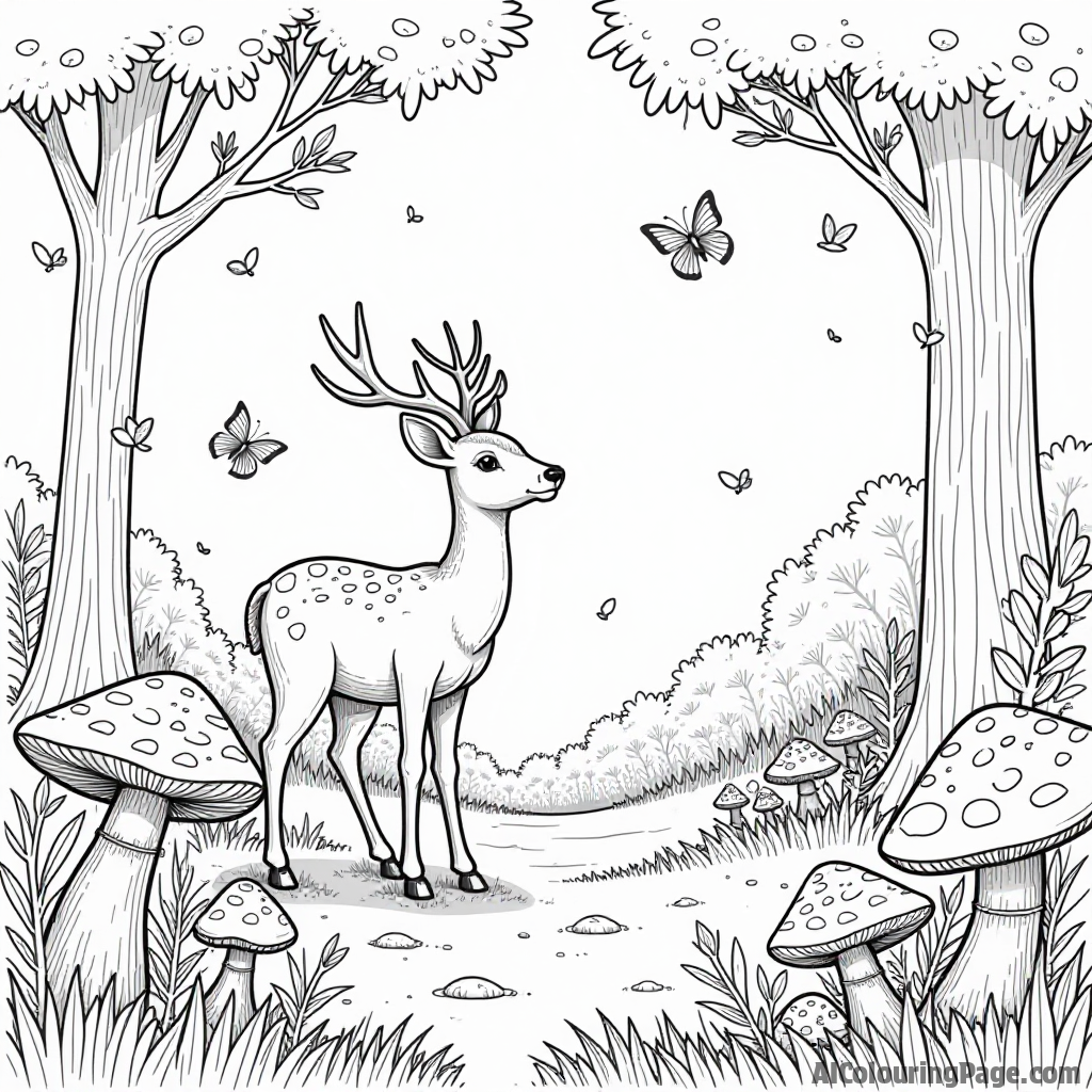 A magical forest clearing showcasing a curious deer, vibrant mushrooms, and fluttering butterflies dancing in the air.