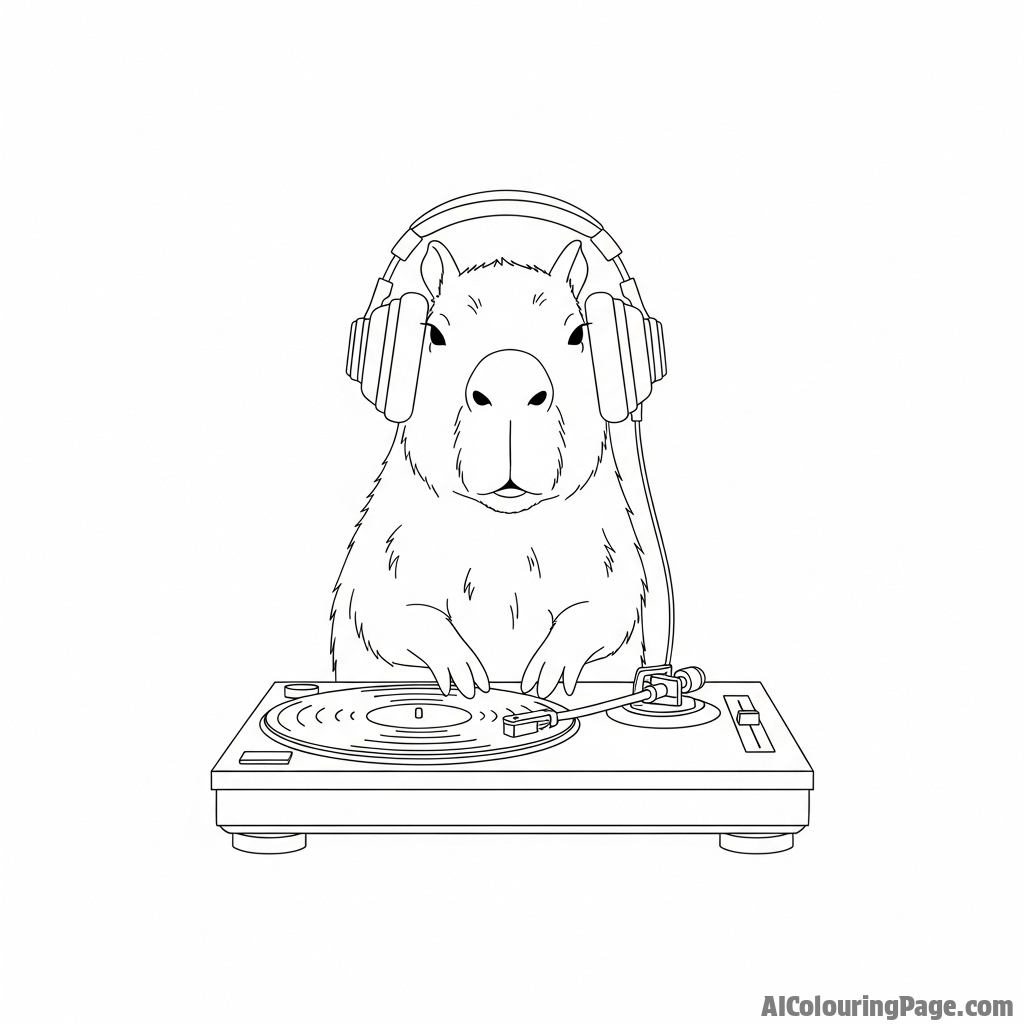 A capybara DJ wearing large headphones at a turntable.