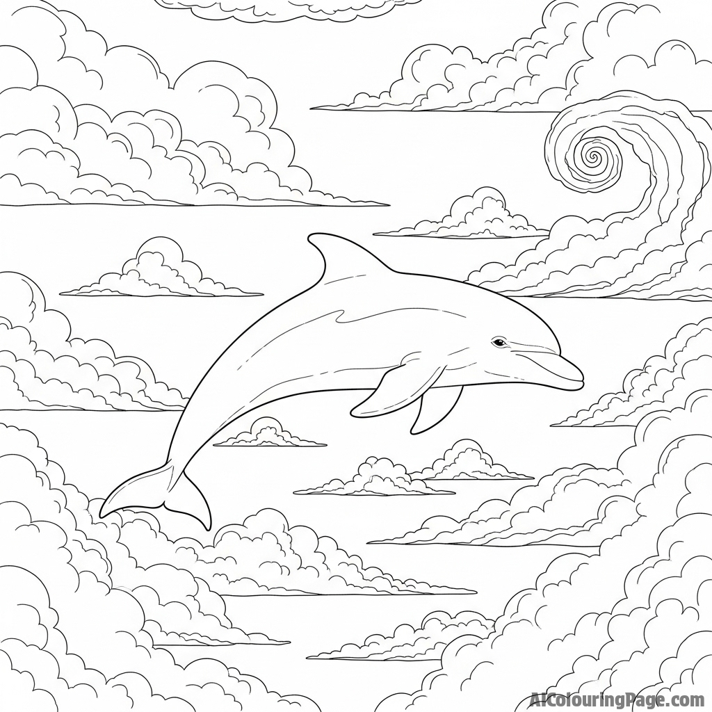 A surreal image of a dolphin swimming through fluffy clouds as if the sky were an ocean.