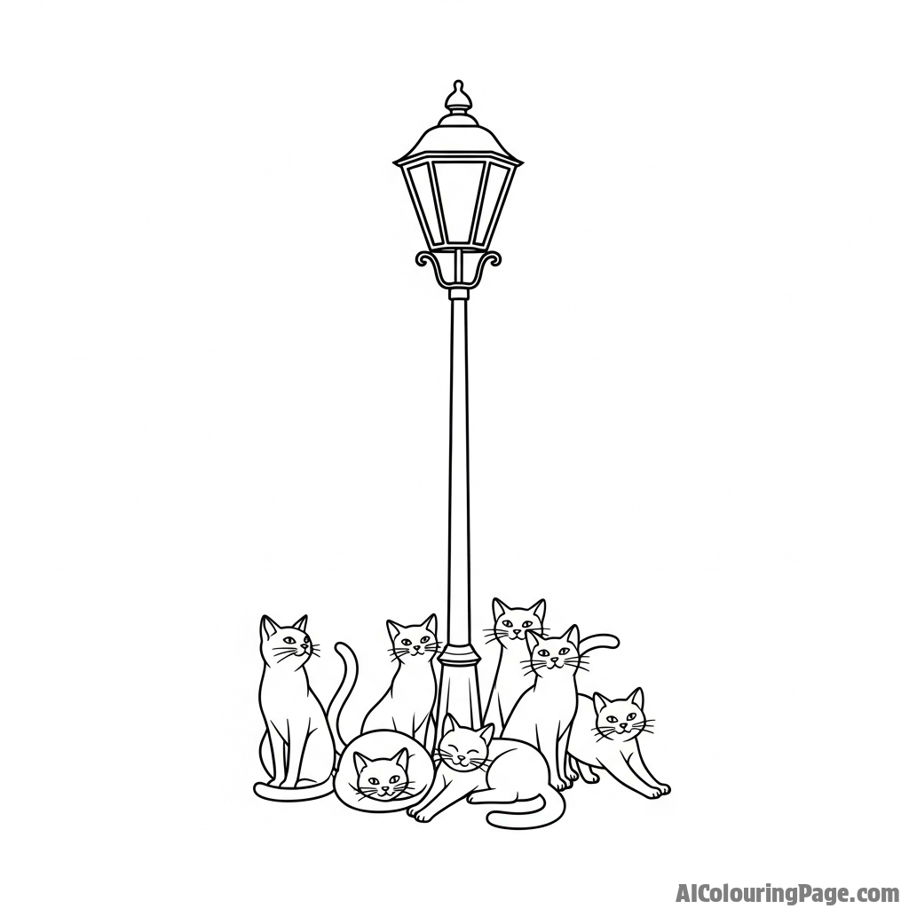 A group of alley cats gathered around a single street lamp.