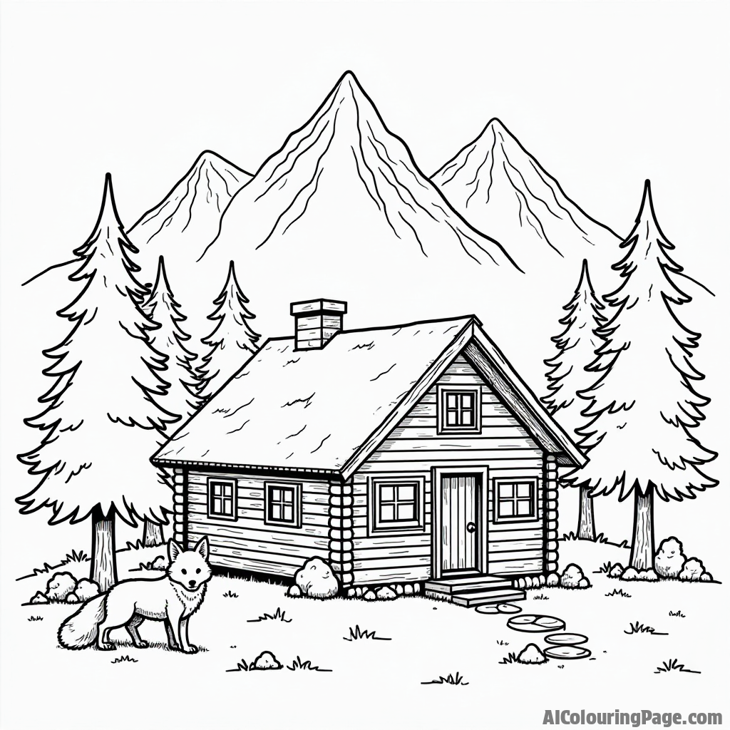 A cozy cabin nestled among towering mountains, surrounded by pine trees and a playful fox peeking out.