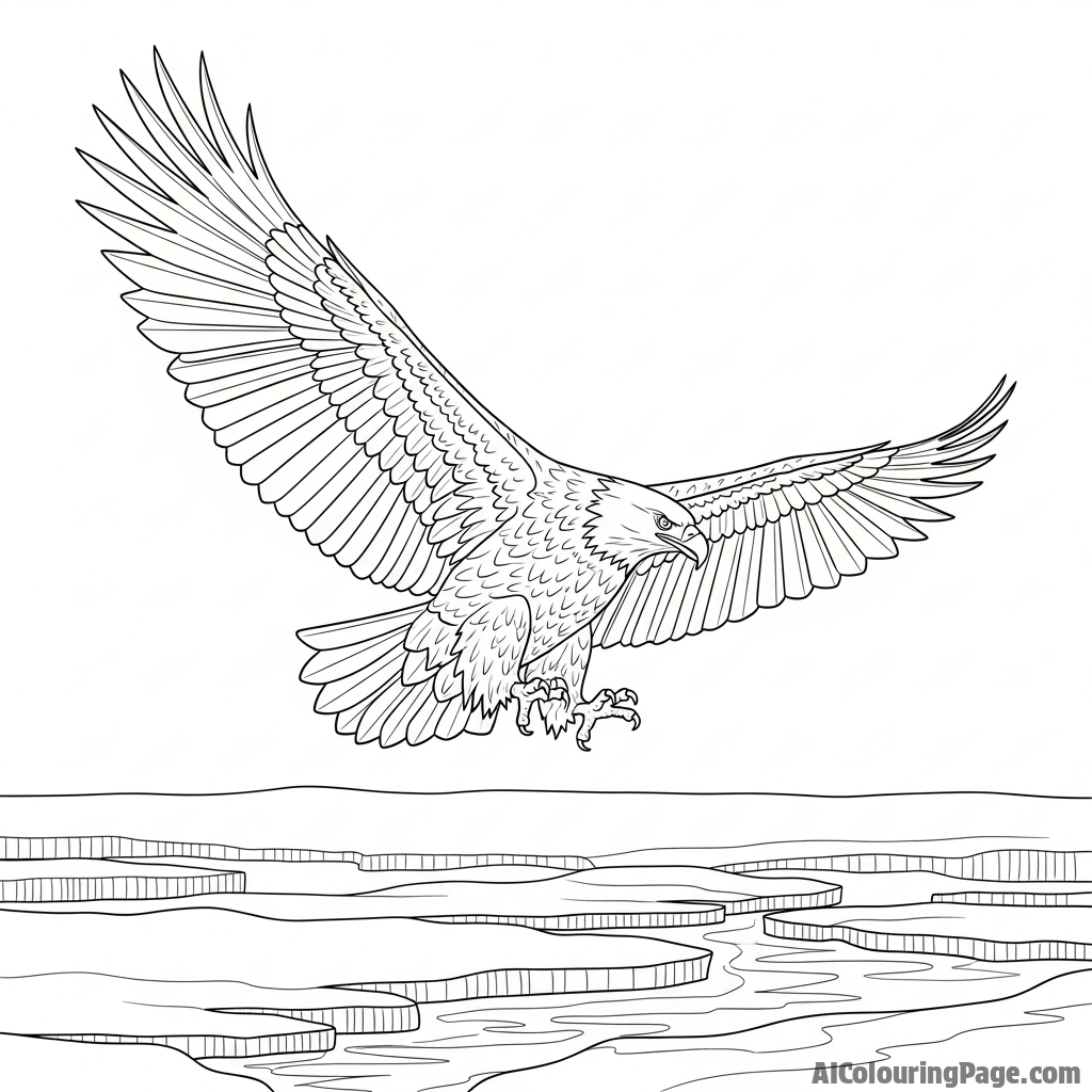 Eagle soaring above a frozen landscape.