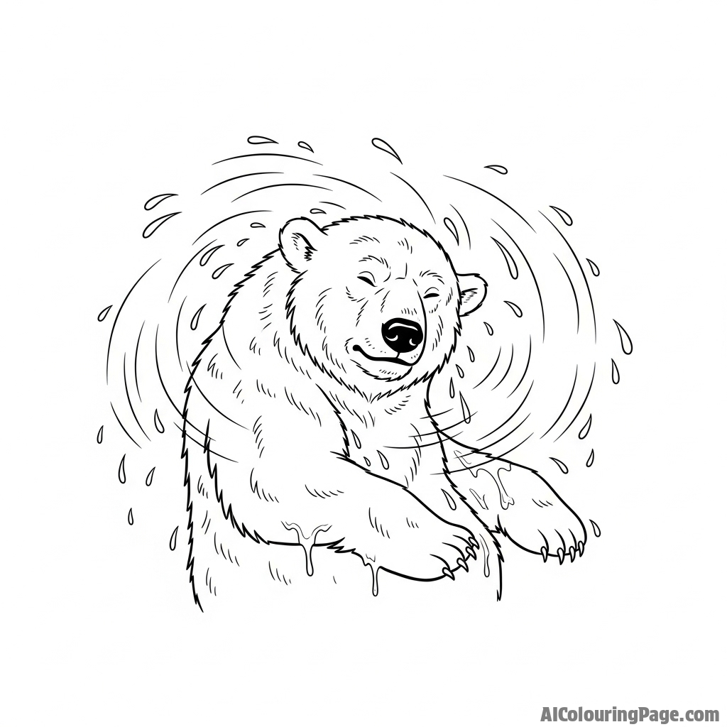 A polar bear shaking vigorously, sending a spray of water droplets into the air.