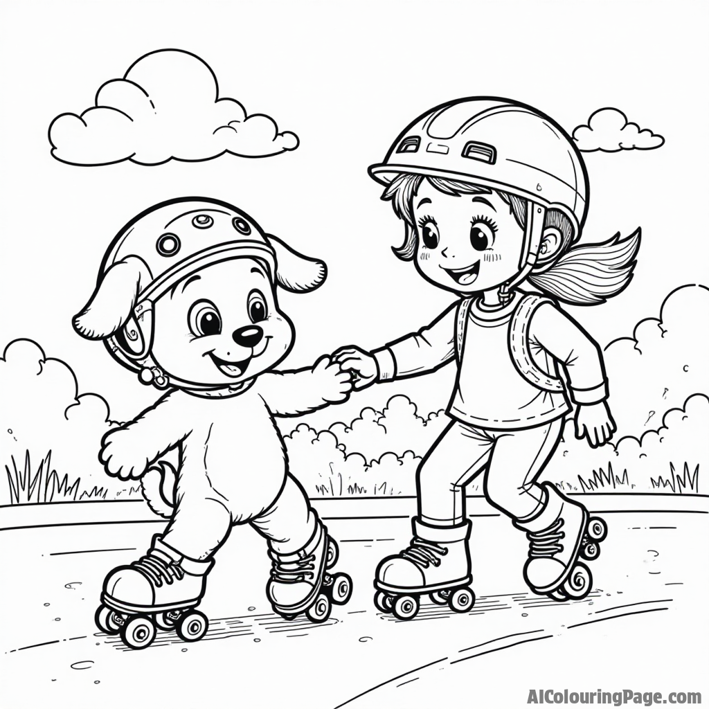 A playful puppy wearing a tiny helmet, roller-skating alongside a child on a sunny day, capturing the bond between pets and their owners in a joyful sports-themed coloring page.