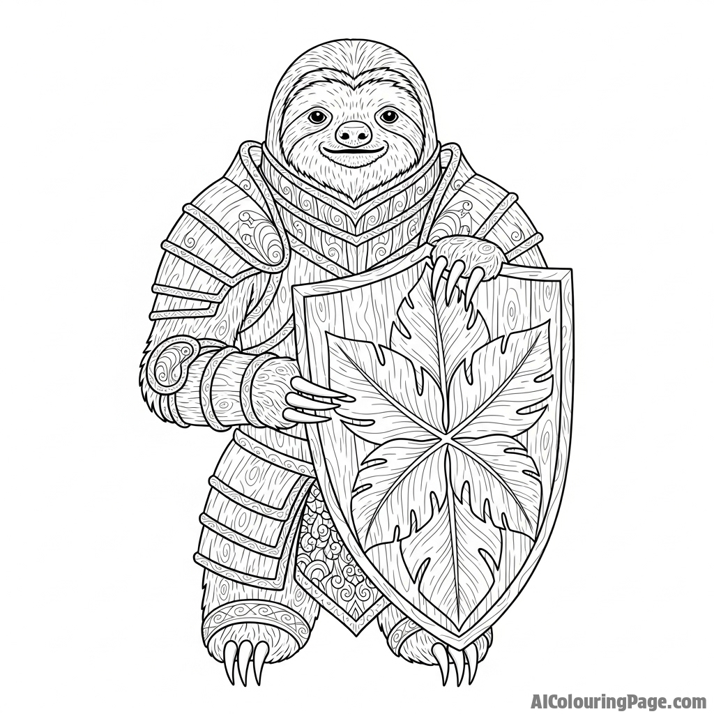 A knightly sloth in intricately carved wooden armor, holding a leafy shield.