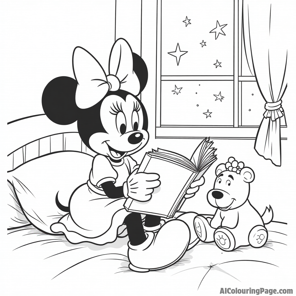 Minnie Mouse reading a bedtime story to her plush toys, cozy in her bedroom, with stars twinkling outside the window