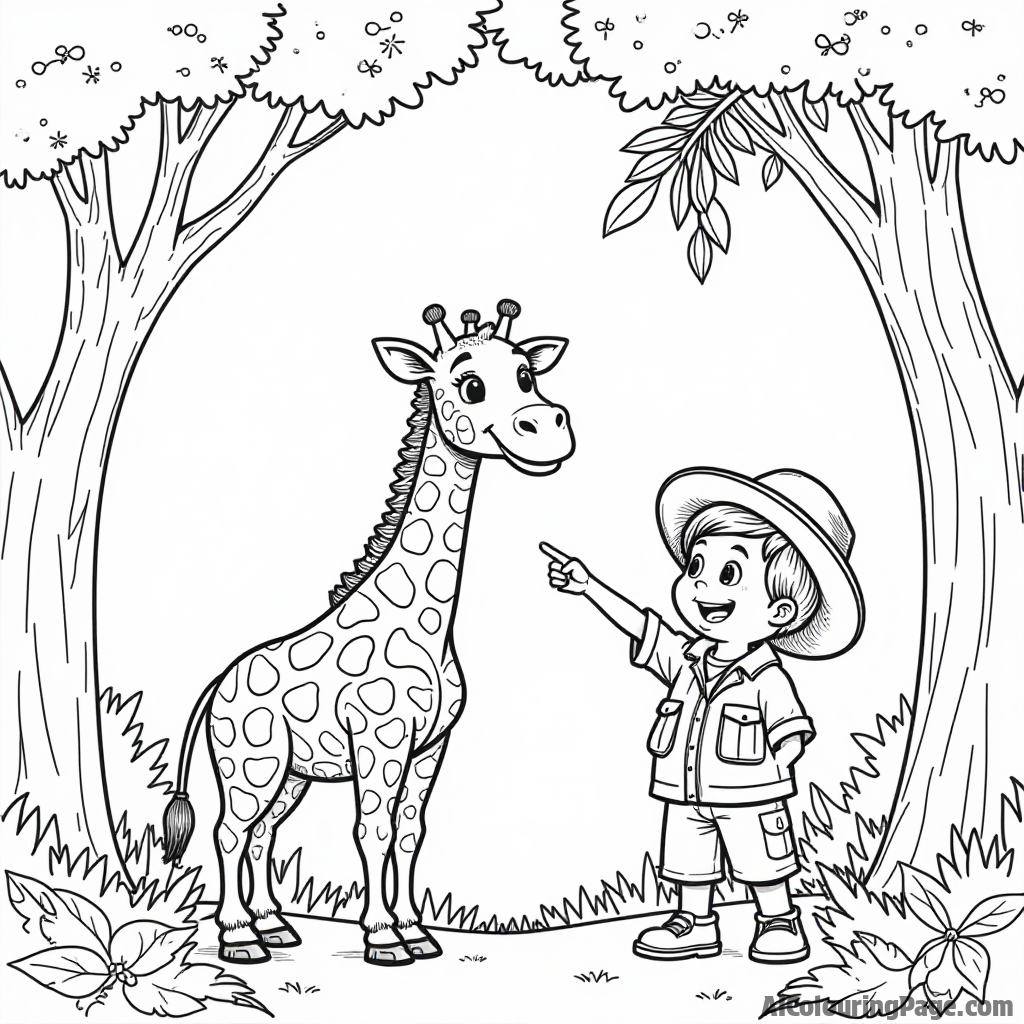 A smiling giraffe reaching for leaves on a tall tree while a little explorer points excitedly, creating a joyful and adventurous jungle scene for kids to color and enjoy their safari.