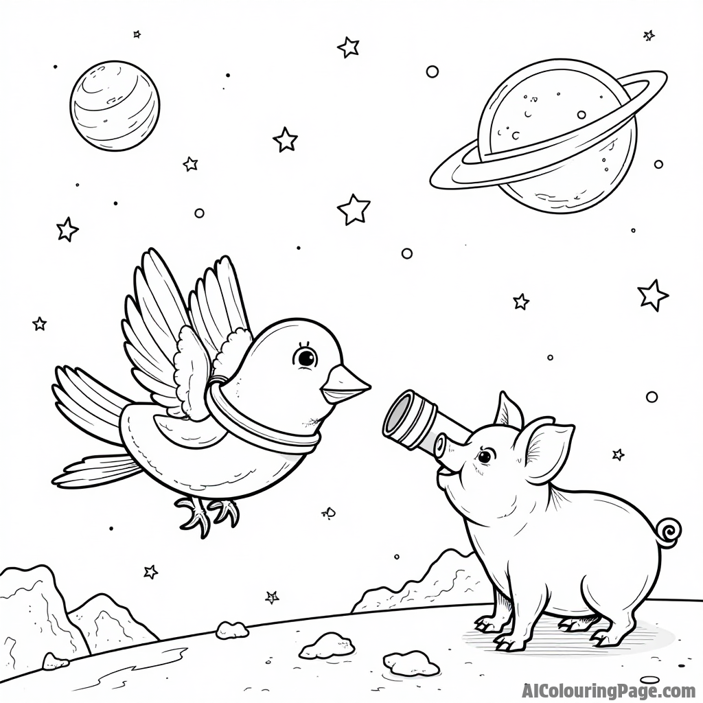 A bird in a space suit floating in outer space with planets and stars while a pig looks through a telescope