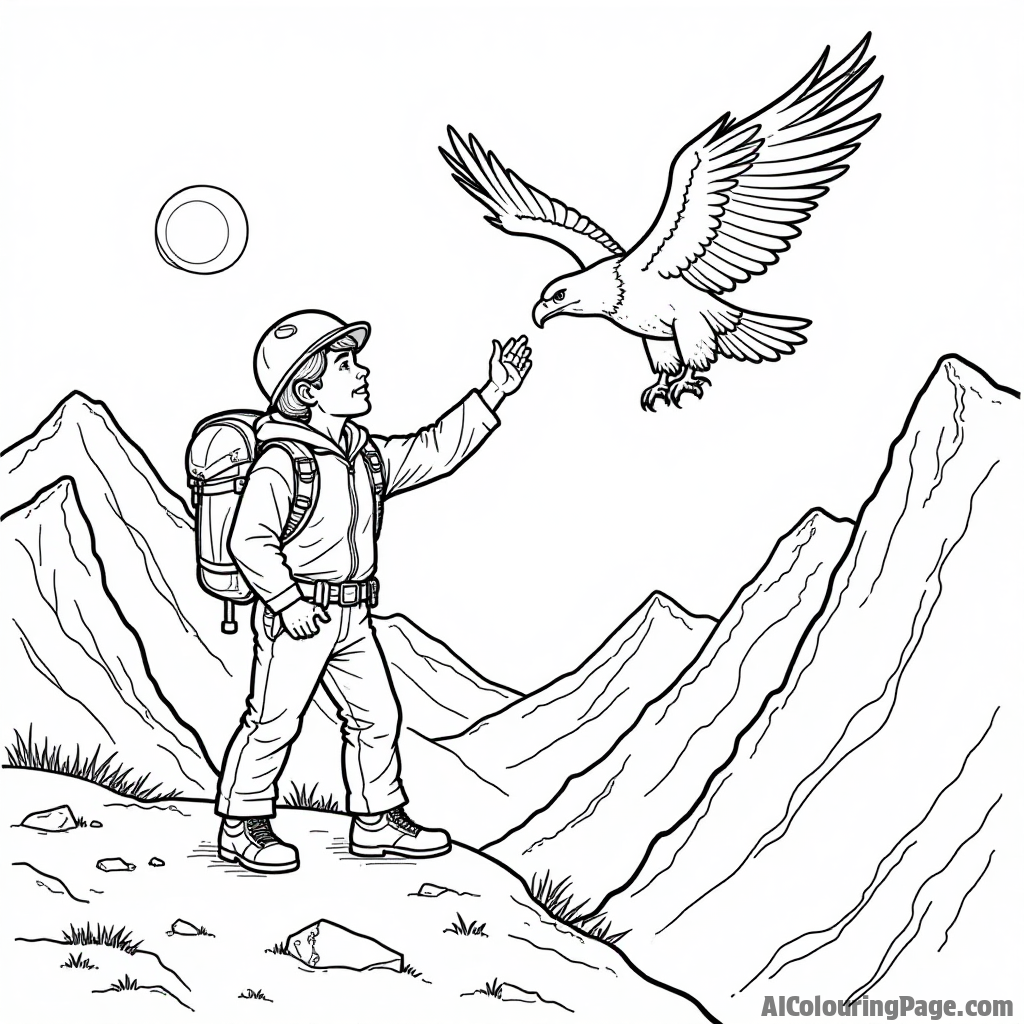 A mountain climber reaching out to high five a friendly eagle soaring above, with rocky cliffs and a bright sun in the background, perfect for imaginative coloring fun.