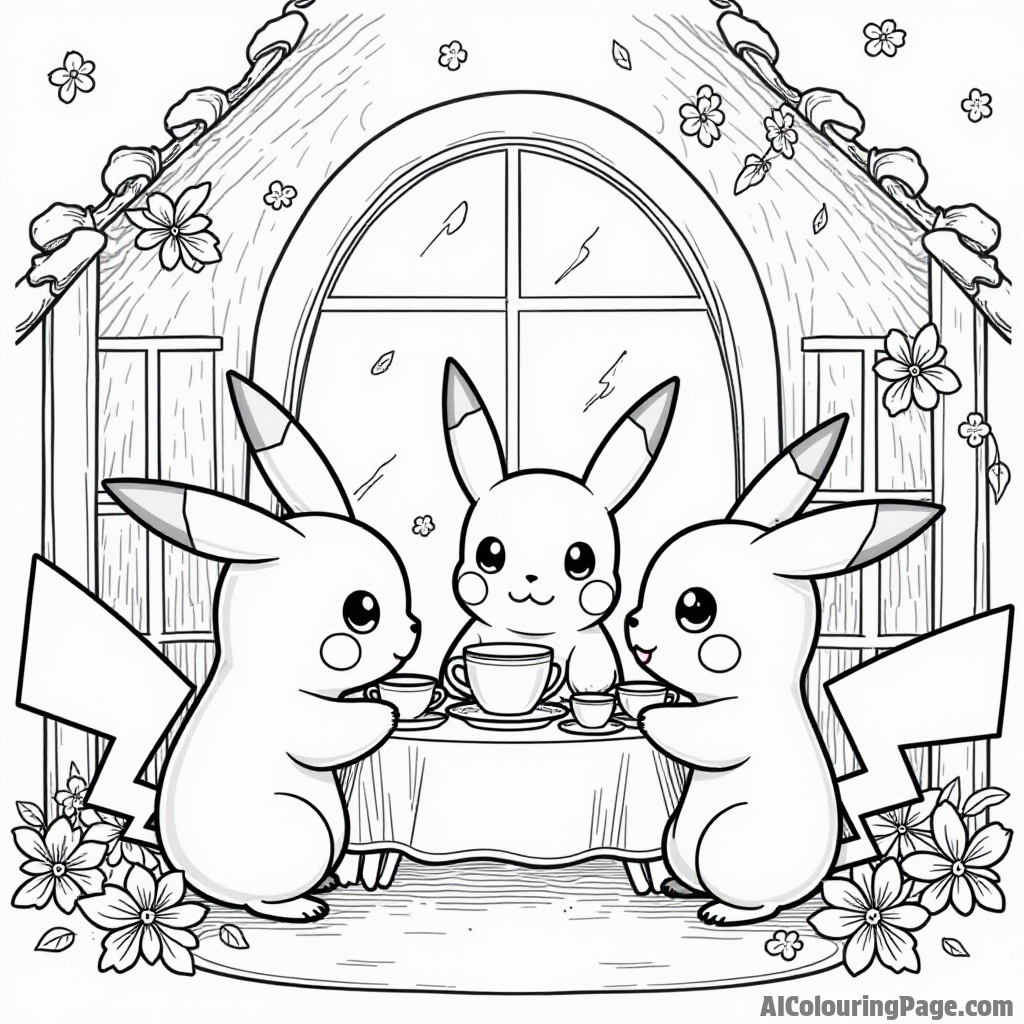 A group of Pokémon having a tea party in a cozy cottage with sweets and flower decorations all around.