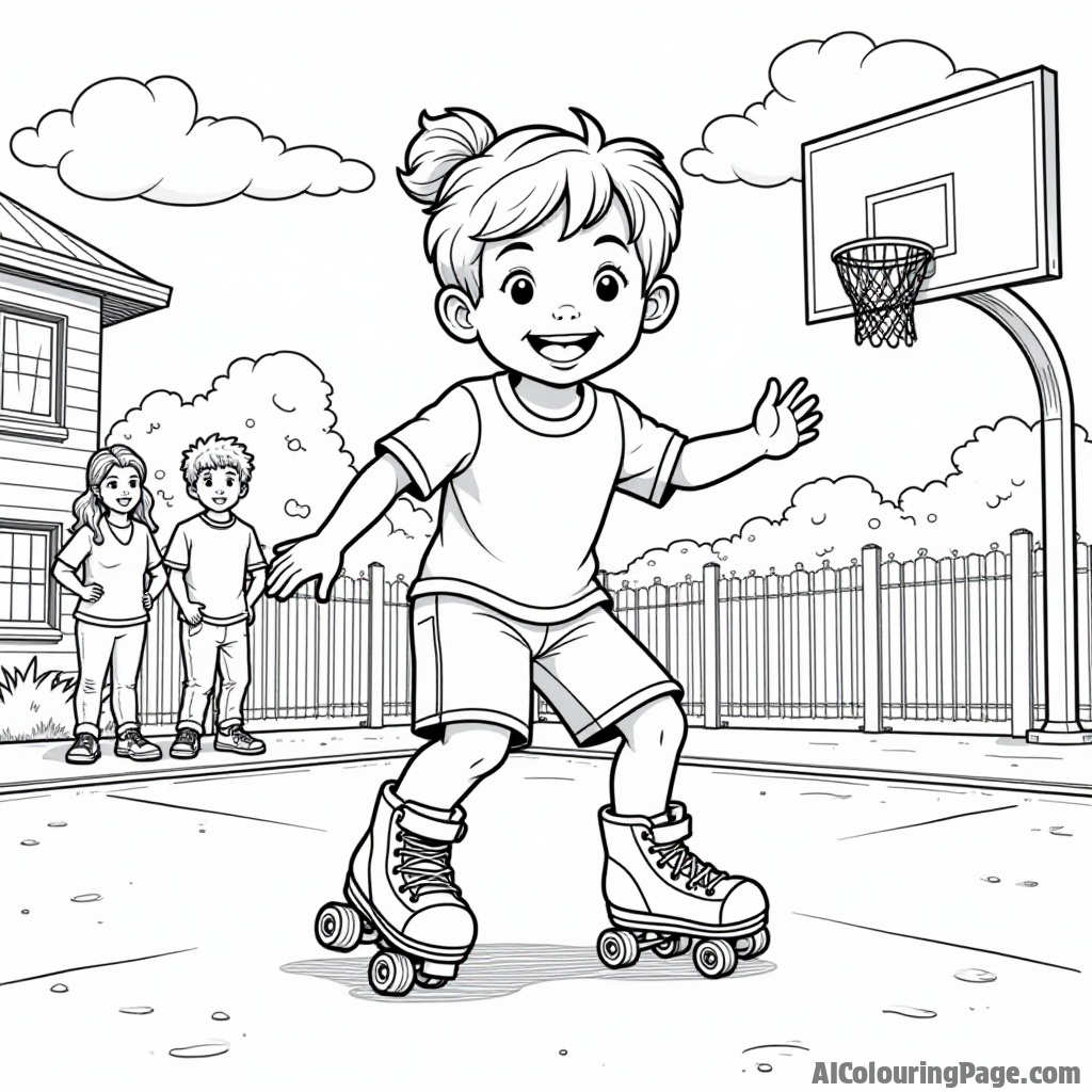 A child roller-skating in a schoolyard, with friends cheering and a basketball hoop in the background, creating a lively atmosphere of sports and camaraderie in a coloring page.