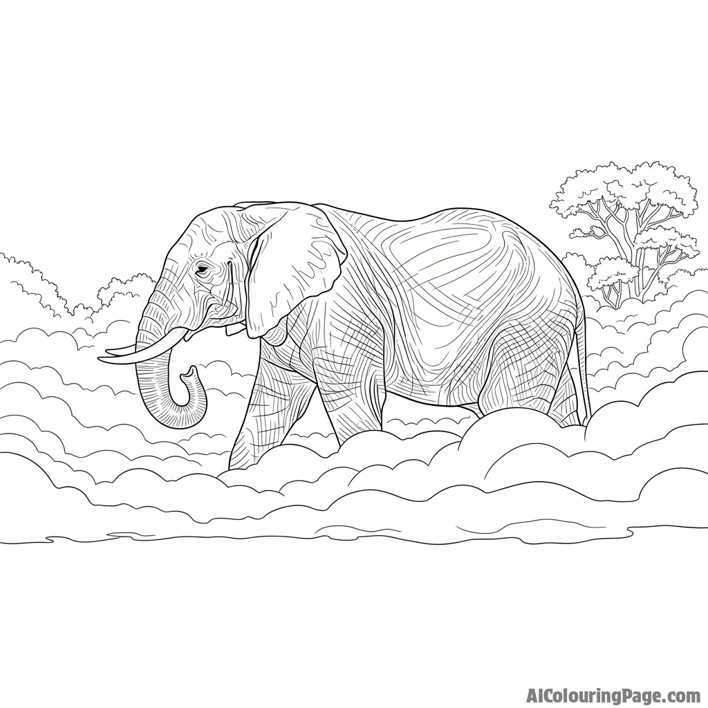 A dramatic photograph of an elephant emerging from a thick morning mist.