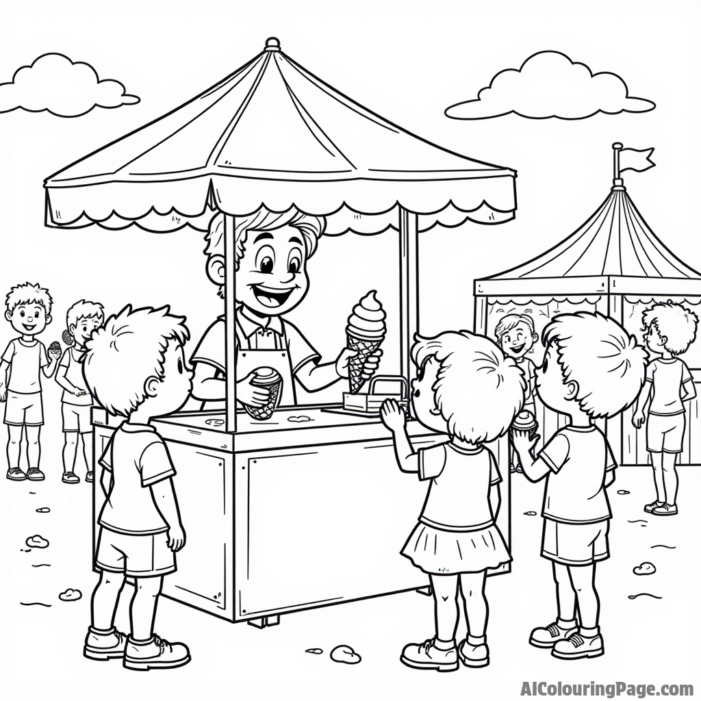 A friendly ice cream vendor serving delicious cones to excited children at a bustling summer fair