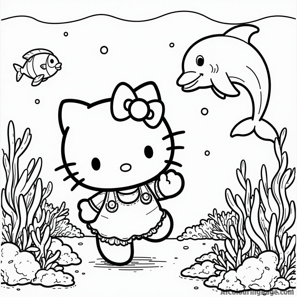 Hello Kitty exploring an underwater world with colorful fish, coral, and a friendly dolphin swimming alongside