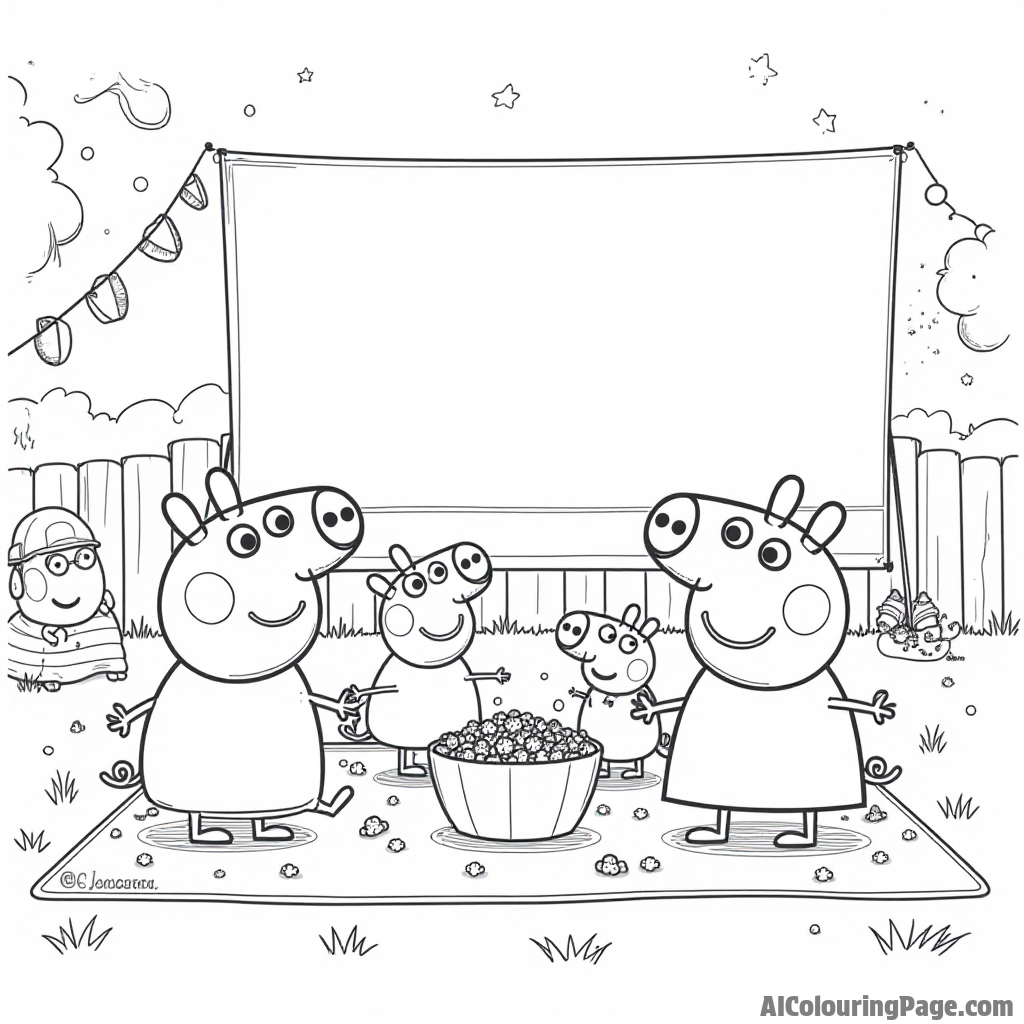 Peppa Pig and her friends having a fun movie night with popcorn, blankets, and a big screen in the backyard.