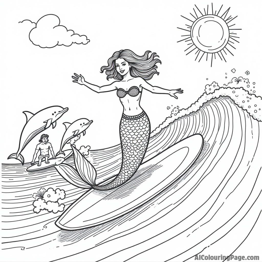 A mermaid riding a wave alongside surfers, with dolphins jumping joyfully in the background under a sunny sky.