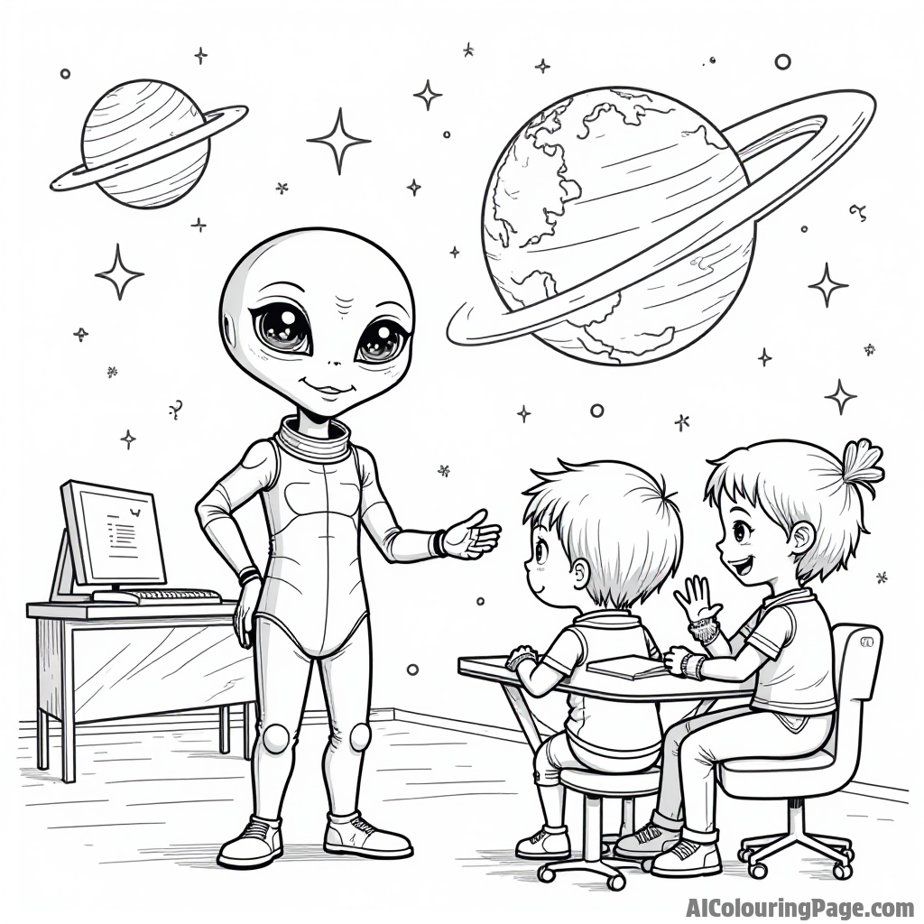 A friendly alien teaching Earth kids about space in a classroom filled with holograms and space models, a fun theme.