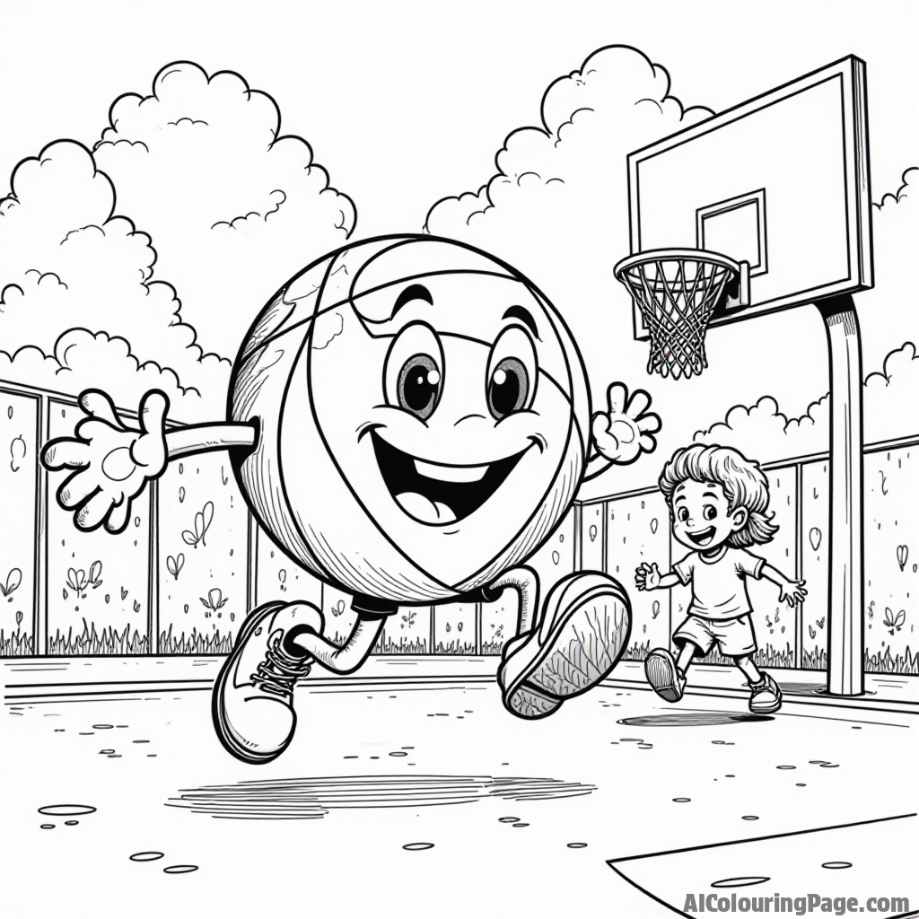 A cartoon basketball with a smiling face, bouncing happily across a playground, with kids playing basketball nearby, creating a joyful scene for a black and white coloring book.