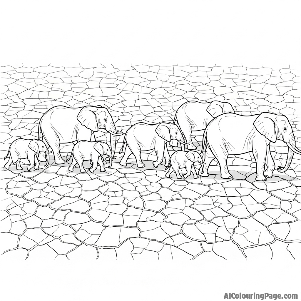 A top-down view of an elephant herd migrating across a vast, cracked earth landscape.