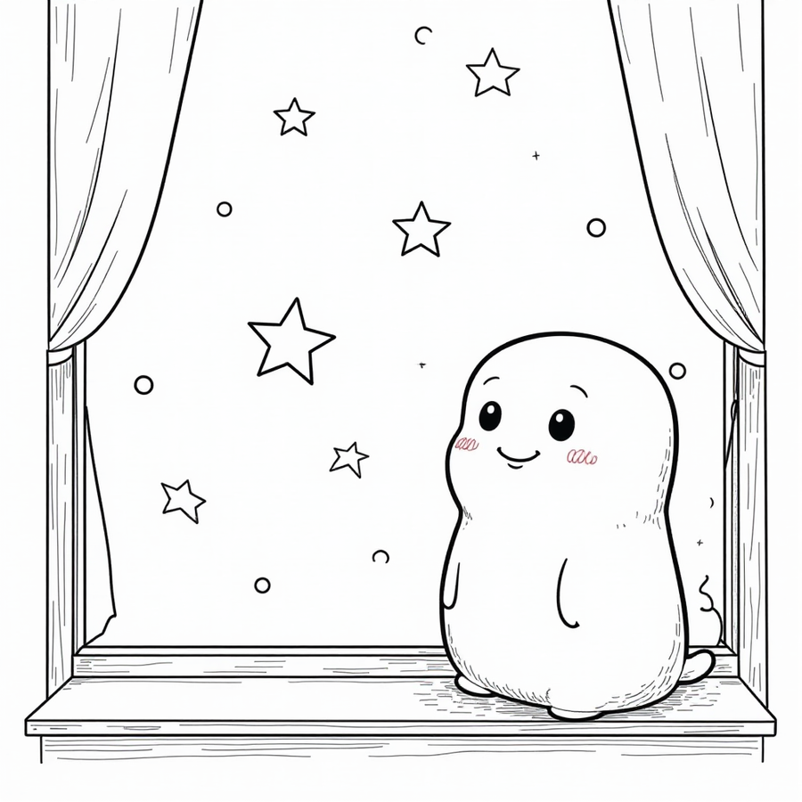 Squishmallow looking out a window at the stars