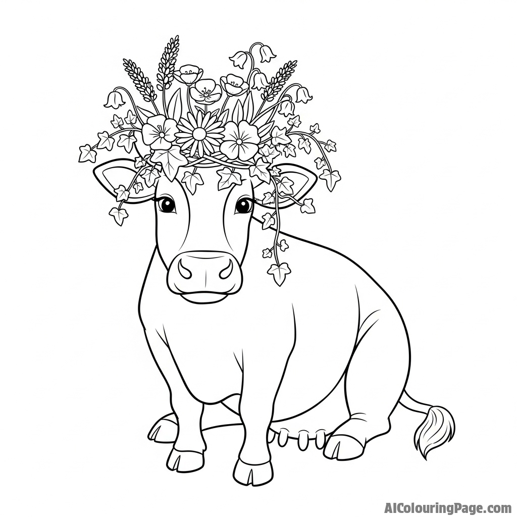 A beautiful cow adorned with a crown woven from wildflowers and ivy.