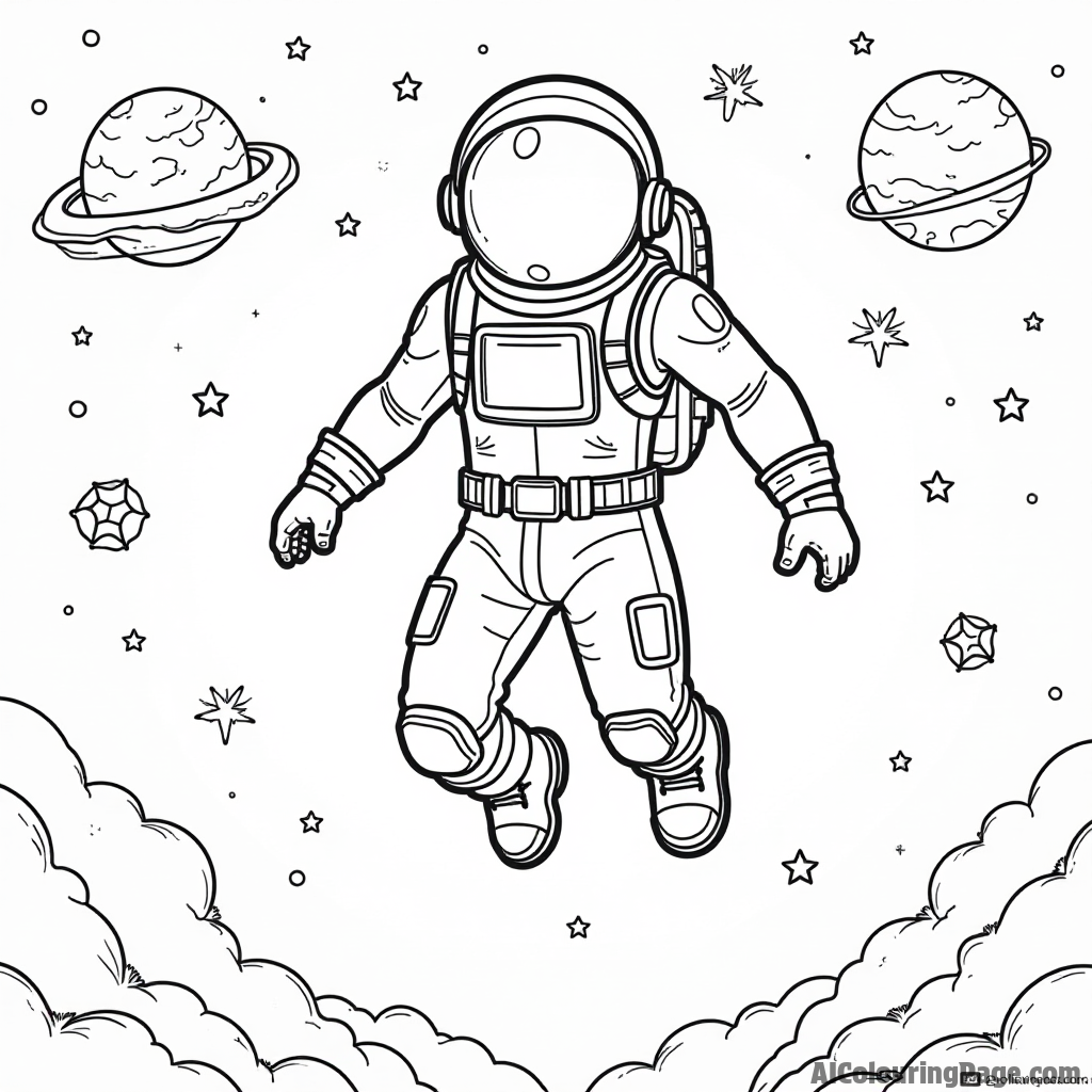 A Fortnite character in a space suit floating in outer space with planets and stars surrounding them for kids to color