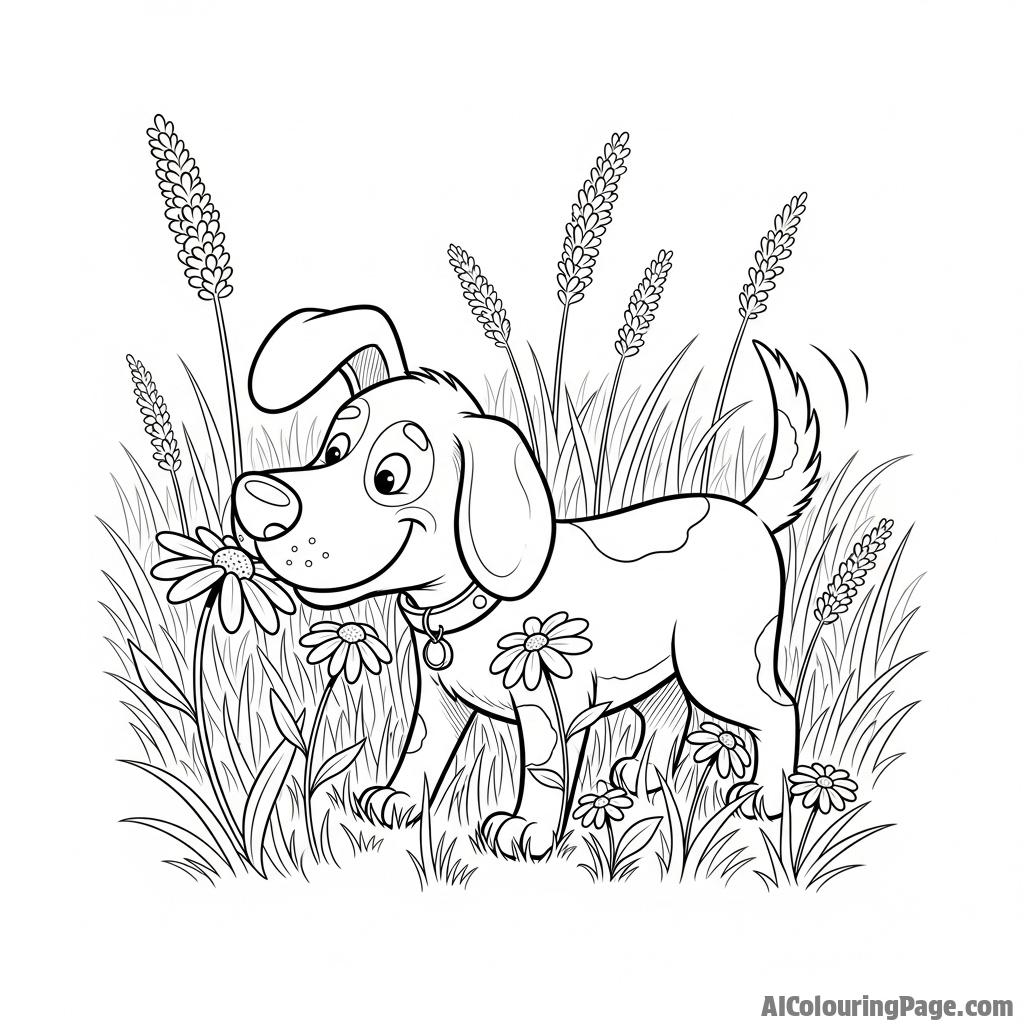 A dog in a field of tall wildflowers, sniffing a bloom.