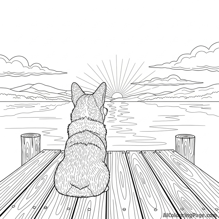 A corgi sitting on a wooden pier, looking out over a calm lake at dawn.
