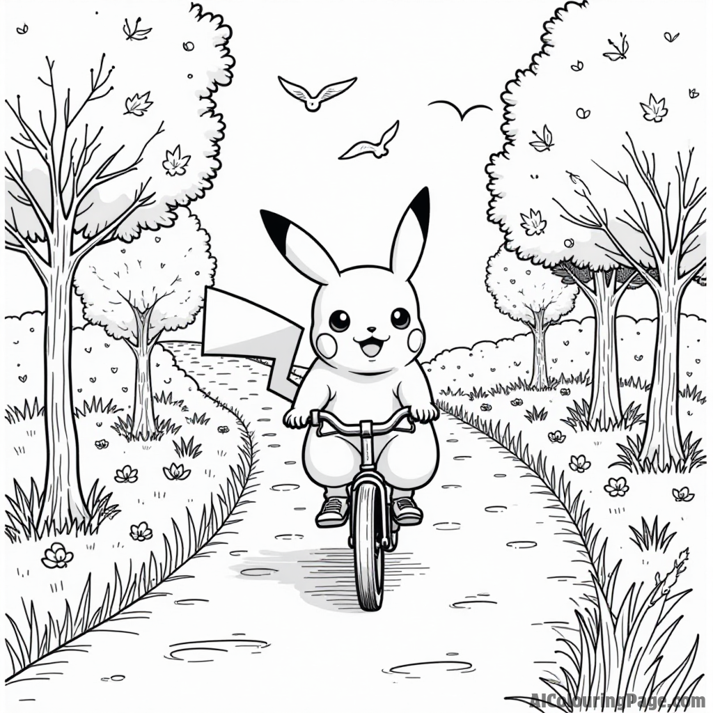 Pikachu riding a bicycle down a winding path with trees lining the sides and birds chirping above